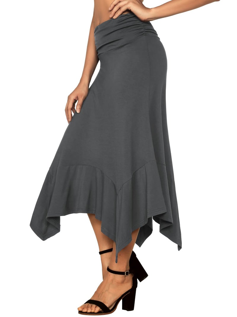 DJT Women's Ruched Elastic Waist Soft Flowy Handkerchief Hem Midi Swing Skirt Large Dark Grey - Image 3